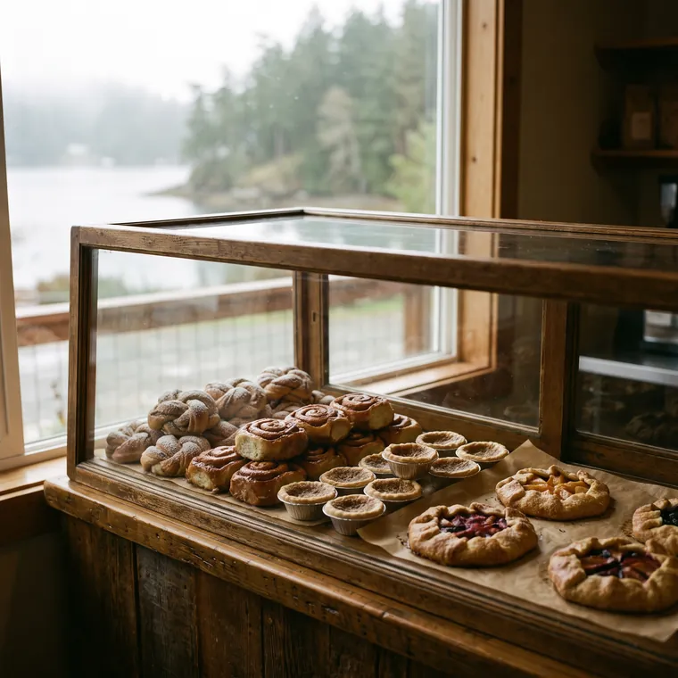 The bakery case full of buns and tarts