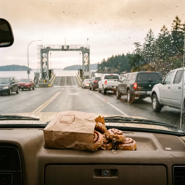 A bag of buns on a car dashboard in the ferry line