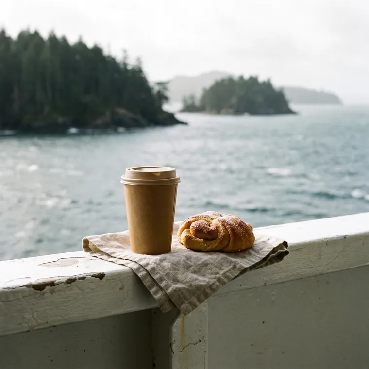 Coffee and a cardamom bun on the ferry railing