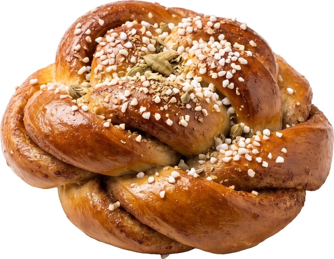 A glossy cardamom knot bun with pearl sugar