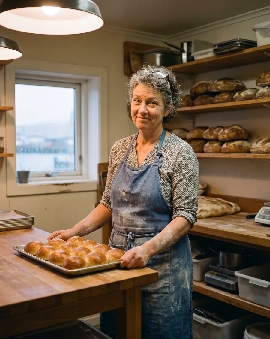 Hazel, the owner, holding a tray of buns in the bakery at dawn
