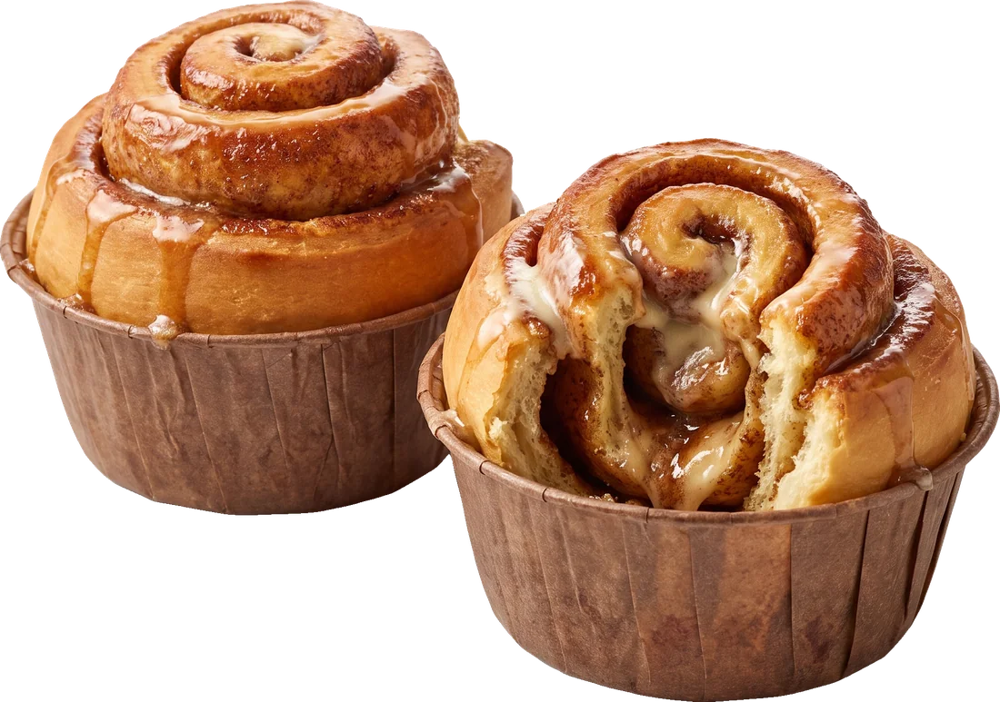 Two cinnamon buns in paper cups