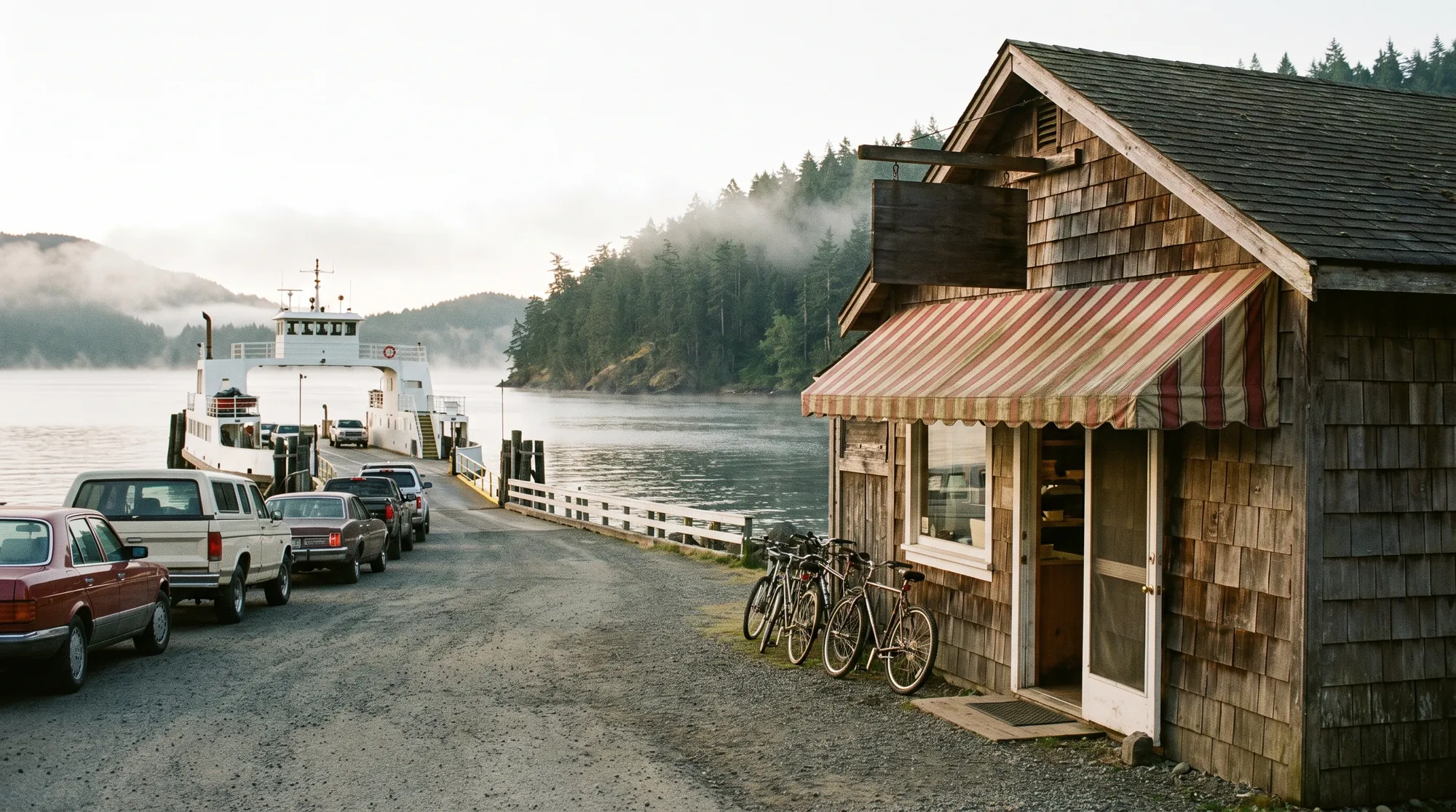 The Bun Voyage shack beside the ferry terminal, cars lined up to board