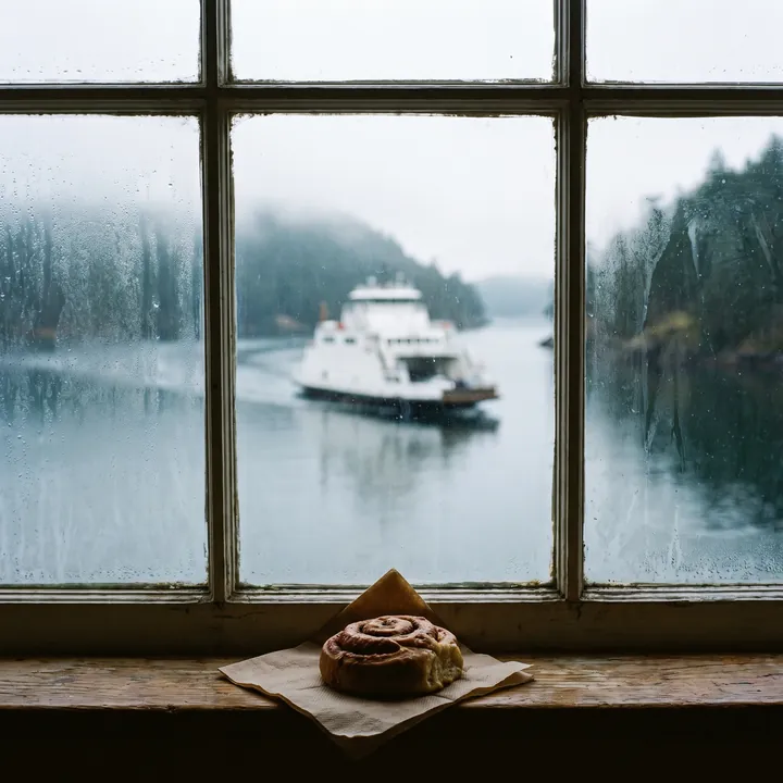 The ferry docking, seen through the bakery window, a cinnamon bun on the sill